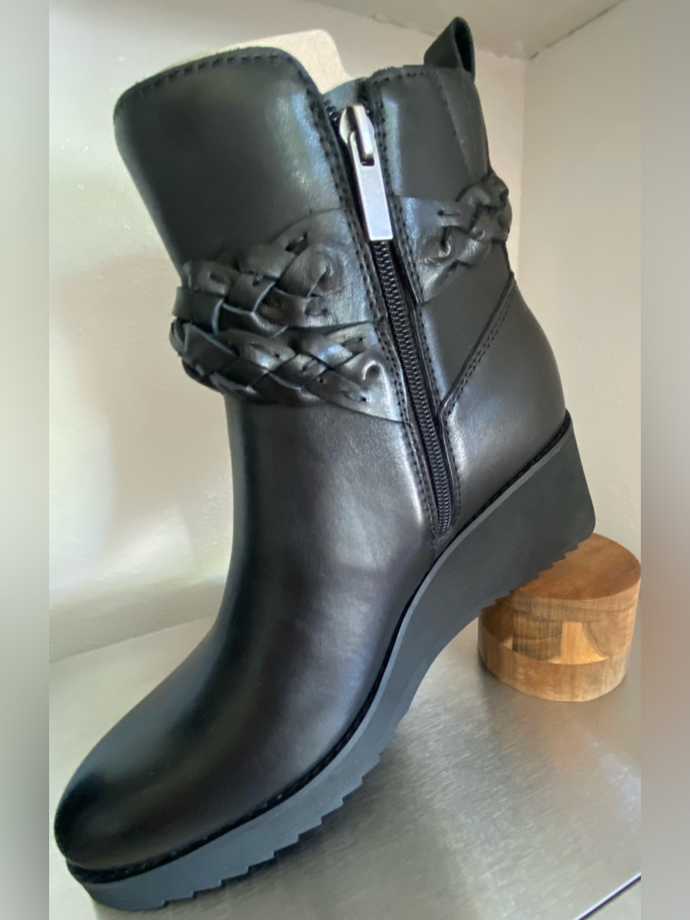 NEW-EARTH WOMENS LEATHER WEDGE ZIP UP ANKLE BOOTS WITH BRAIDED STRAP - Picture 7 of 16